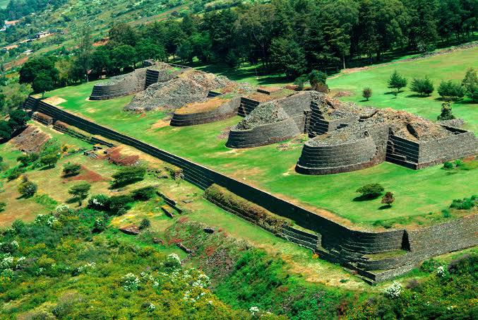 Aerial view of the unique circular Yácatas pyramids at the Tzintzuntzan archaeological site overlooking Lake Pátzcuaro.